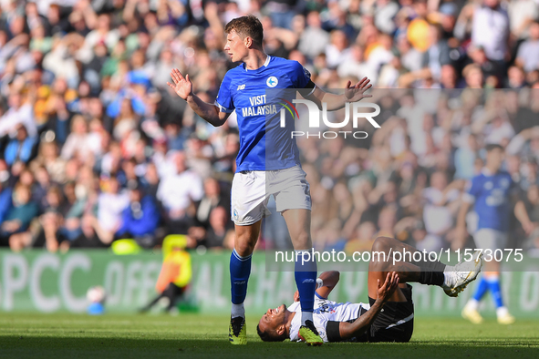 William Fish of Cardiff City reacts after fouling Nathaniel Mendez-Laing of Derby County during the Sky Bet Championship match between Derby...