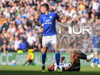 William Fish of Cardiff City reacts after fouling Nathaniel Mendez-Laing of Derby County during the Sky Bet Championship match between Derby...