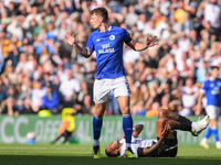 William Fish of Cardiff City reacts after fouling Nathaniel Mendez-Laing of Derby County during the Sky Bet Championship match between Derby...