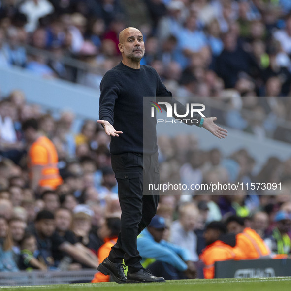 Manchester City F.C. manager Pep Guardiola gesticulates during the Premier League match between Manchester City and Brentford at the Etihad...