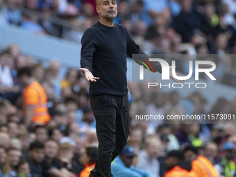 Manchester City F.C. manager Pep Guardiola gesticulates during the Premier League match between Manchester City and Brentford at the Etihad...