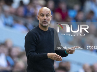 Manchester City F.C. manager Pep Guardiola gesticulates during the Premier League match between Manchester City and Brentford at the Etihad...