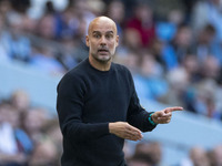 Manchester City F.C. manager Pep Guardiola gesticulates during the Premier League match between Manchester City and Brentford at the Etihad...