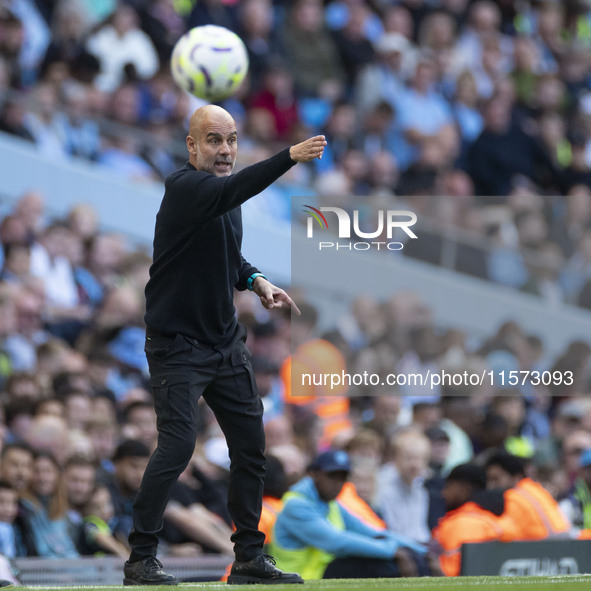 Manchester City F.C. manager Pep Guardiola gesticulates during the Premier League match between Manchester City and Brentford at the Etihad...