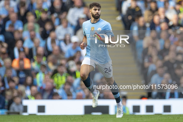 Josko Gvardiol #24 of Manchester City F.C. is in action during the Premier League match between Manchester City and Brentford at the Etihad...