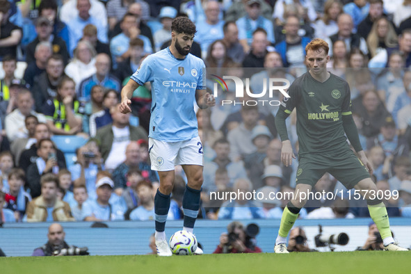 Josko Gvardiol #24 of Manchester City F.C. during the Premier League match between Manchester City and Brentford at the Etihad Stadium in Ma...