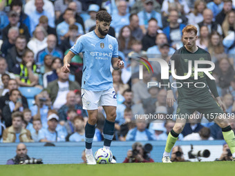 Josko Gvardiol #24 of Manchester City F.C. during the Premier League match between Manchester City and Brentford at the Etihad Stadium in Ma...