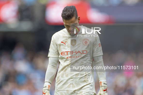 Ederson during the Premier League match between Manchester City and Brentford at the Etihad Stadium in Manchester, England, on September 14,...