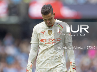 Ederson during the Premier League match between Manchester City and Brentford at the Etihad Stadium in Manchester, England, on September 14,...