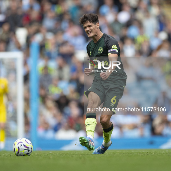 Christian Norgaard #6 of Brentford F.C. during the Premier League match between Manchester City and Brentford at the Etihad Stadium in Manch...