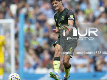 Christian Norgaard #6 of Brentford F.C. during the Premier League match between Manchester City and Brentford at the Etihad Stadium in Manch...