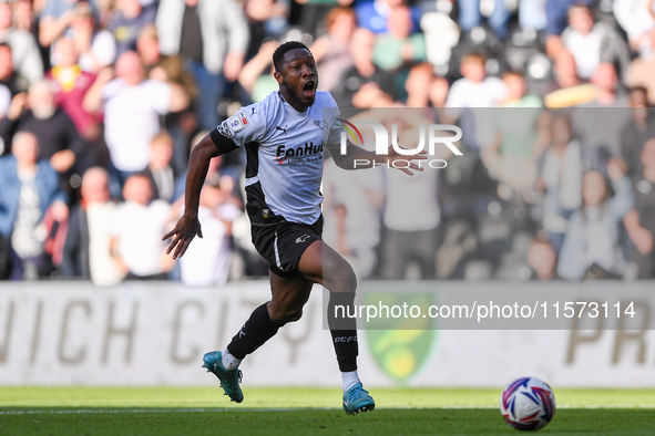 Ebou Adams of Derby County reacts after shooting wide at an open goal during the Sky Bet Championship match between Derby County and Cardiff...