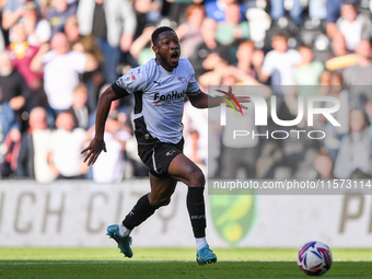 Ebou Adams of Derby County reacts after shooting wide at an open goal during the Sky Bet Championship match between Derby County and Cardiff...