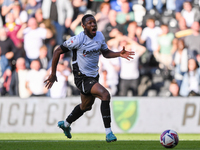 Ebou Adams of Derby County reacts after shooting wide at an open goal during the Sky Bet Championship match between Derby County and Cardiff...