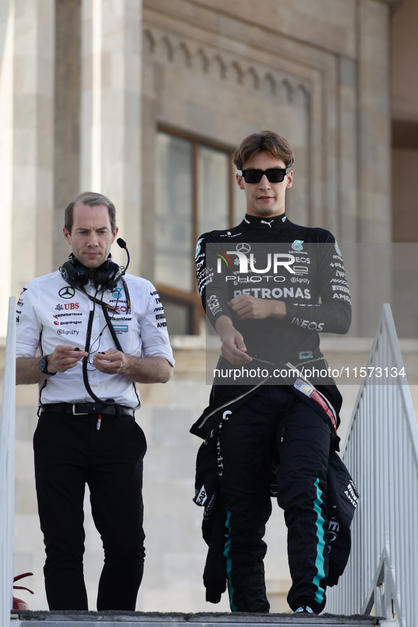 Marcus Dudley and George Russell of Mercedes before qualifying ahead of the Formula 1 Grand Prix of Azerbaijan at Baku City Circuit in Baku,...