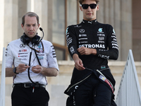 Marcus Dudley and George Russell of Mercedes before qualifying ahead of the Formula 1 Grand Prix of Azerbaijan at Baku City Circuit in Baku,...