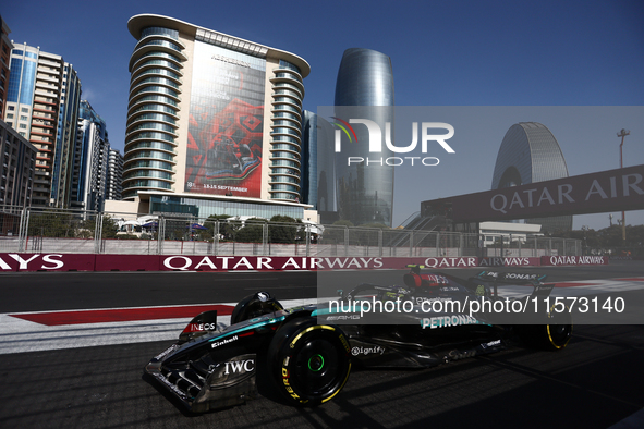 Lewis Hamilton of Mercedes during qualifying ahead of the Formula 1 Grand Prix of Azerbaijan at Baku City Circuit in Baku, Azerbaijan on Sep...