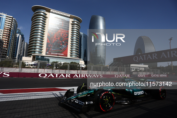 Fernando Alonso of Aston Martin Aramco during qualifying ahead of the Formula 1 Grand Prix of Azerbaijan at Baku City Circuit in Baku, Azerb...