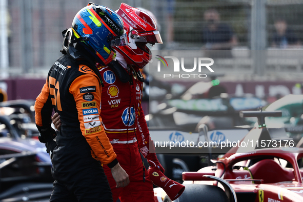 Oscar Piastri of McLaren and Charles Leclerc of Ferrari after qualifying ahead of the Formula 1 Grand Prix of Azerbaijan at Baku City Circui...