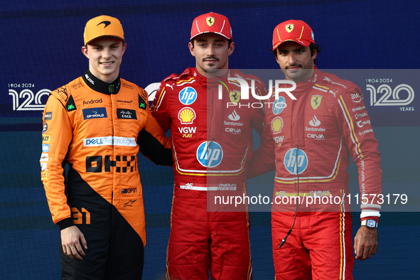 Oscar Piastri of McLaren, Charles Leclerc and Carlos Sainz of Ferrari after qualifying ahead of the Formula 1 Grand Prix of Azerbaijan at Ba...