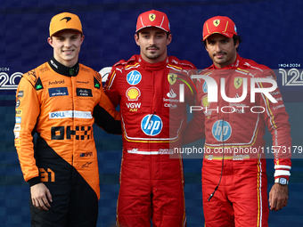 Oscar Piastri of McLaren, Charles Leclerc and Carlos Sainz of Ferrari after qualifying ahead of the Formula 1 Grand Prix of Azerbaijan at Ba...