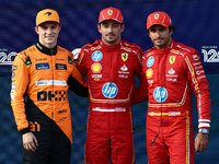 Oscar Piastri of McLaren, Charles Leclerc and Carlos Sainz of Ferrari after qualifying ahead of the Formula 1 Grand Prix of Azerbaijan at Ba...