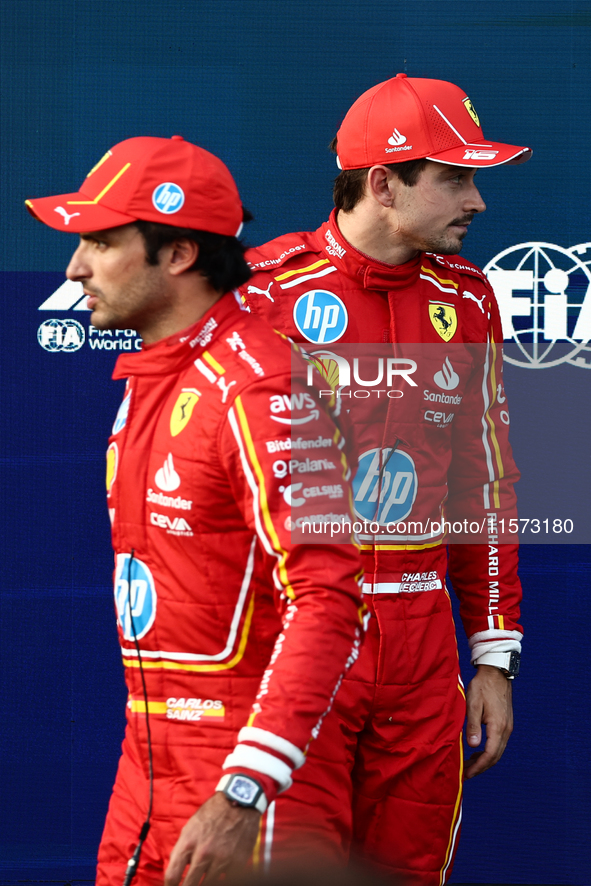 Carlos Sainz and Charles Leclerc of Ferrari after qualifying ahead of the Formula 1 Grand Prix of Azerbaijan at Baku City Circuit in Baku, A...