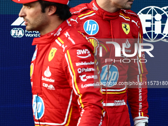 Carlos Sainz and Charles Leclerc of Ferrari after qualifying ahead of the Formula 1 Grand Prix of Azerbaijan at Baku City Circuit in Baku, A...