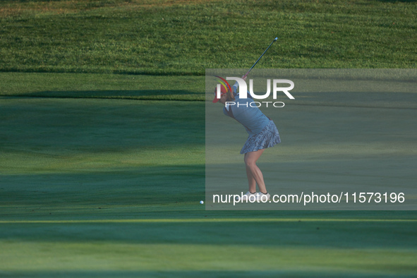 GAINESVILLE, VIRGINIA - SEPTEMBER 14: Jennifer Kupcho of the United States plays her second shot on the third hole during Foursomes Matches...