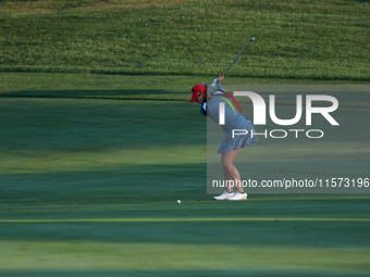 GAINESVILLE, VIRGINIA - SEPTEMBER 14: Jennifer Kupcho of the United States plays her second shot on the third hole during Foursomes Matches...