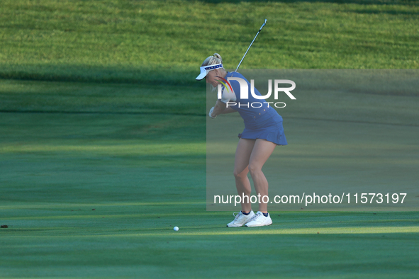 GAINESVILLE, VIRGINIA - SEPTEMBER 14: Charley Hull of Team Europe plays her second shot on the third hole during Foursome Matches on Day Two...