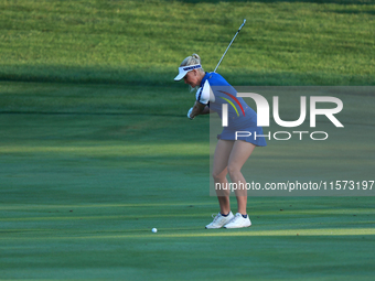 GAINESVILLE, VIRGINIA - SEPTEMBER 14: Charley Hull of Team Europe plays her second shot on the third hole during Foursome Matches on Day Two...