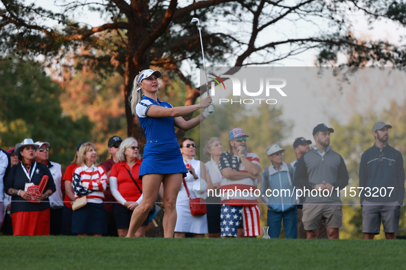 GAINESVILLE, VIRGINIA - SEPTEMBER 14: Charley Hull of Team Europe plays her tee shot on the 4th hole during Foursome Matches on Day Two of t...