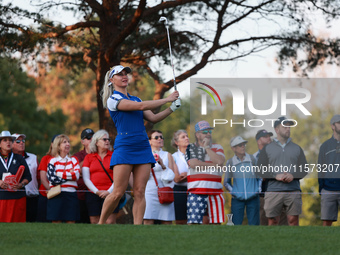 GAINESVILLE, VIRGINIA - SEPTEMBER 14: Charley Hull of Team Europe plays her tee shot on the 4th hole during Foursome Matches on Day Two of t...