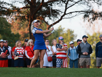 GAINESVILLE, VIRGINIA - SEPTEMBER 14: Charley Hull of Team Europe plays her tee shot on the 4th hole during Foursome Matches on Day Two of t...