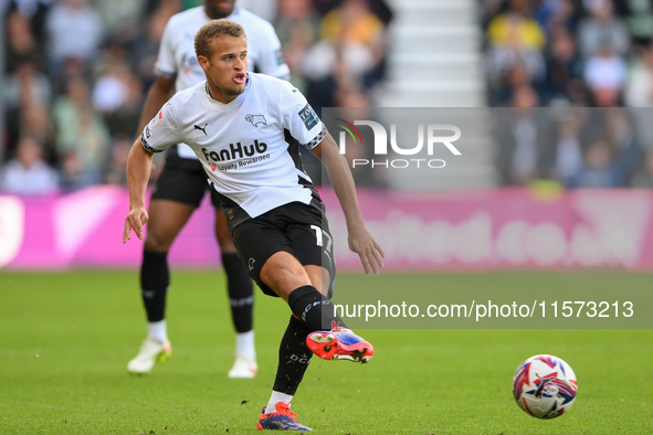 Kenzo Goudmijn of Derby County passes the ball during the Sky Bet Championship match between Derby County and Cardiff City at Pride Park in...