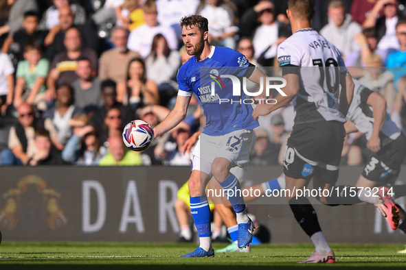 Calum Chambers of Cardiff City is in action during the Sky Bet Championship match between Derby County and Cardiff City at Pride Park in Der...