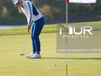 GAINESVILLE, VIRGINIA - SEPTEMBER 14: Emily Kristine Pedersen of Team Europe follows her putt on the 9th green during Foursomes Matches on D...