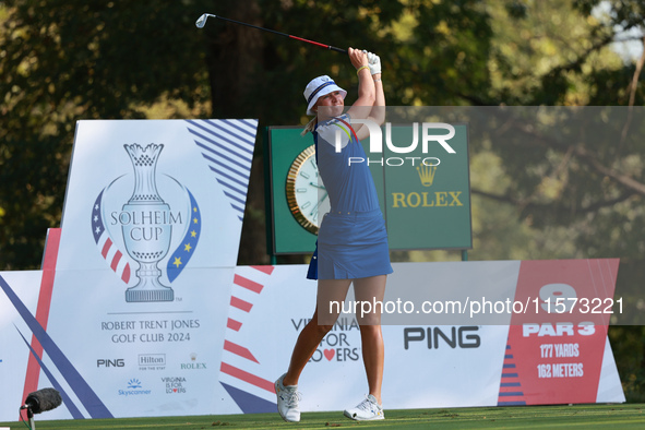 GAINESVILLE, VIRGINIA - SEPTEMBER 14: Anna Nordqvist of Team Europe plasys her tee shot on the 9th hole during Foursomes Matches on Day Two...