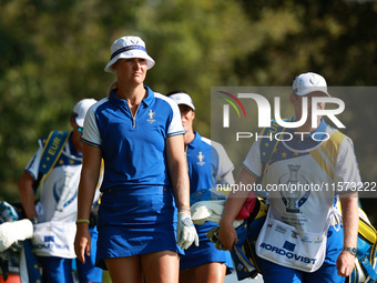 GAINESVILLE, VIRGINIA - SEPTEMBER 14: Anna Nordqvist of Team Europe walks on the 9th hole during Foursomes Matches on Day Two of the Solheim...