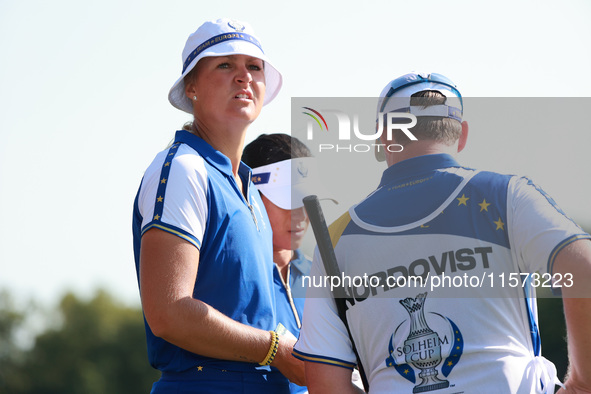 GAINESVILLE, VIRGINIA - SEPTEMBER 14: Anna Nordqvist of Team Europe waits on the 9th hole during Foursomes Matches on Day Two of the Solheim...