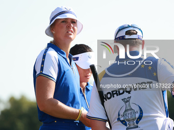 GAINESVILLE, VIRGINIA - SEPTEMBER 14: Anna Nordqvist of Team Europe waits on the 9th hole during Foursomes Matches on Day Two of the Solheim...