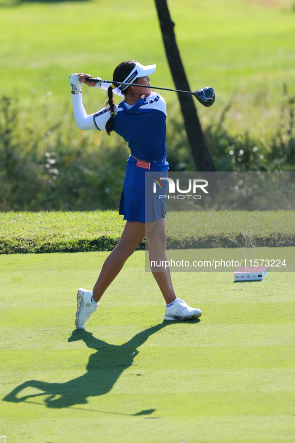 GAINESVILLE, VIRGINIA - SEPTEMBER 14: Celine Boutier of Team Europe plays hert tee shot on the 10th hole during Foursomes Matches on Day Two...