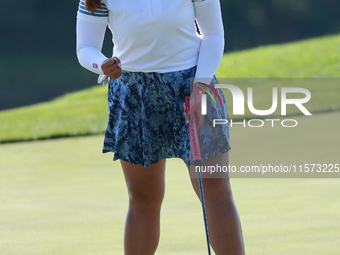 GAINESVILLE, VIRGINIA - SEPTEMBER 14: Lilia Vu of of Team USA reacts to her putt on the 9th green during Foursomes Matches on Day Two of the...