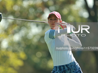 GAINESVILLE, VIRGINIA - SEPTEMBER 14: Nelly Korda of the United States plays her tee shot on the 18th holen during Foursomes Matches on Day...