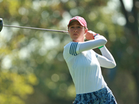 GAINESVILLE, VIRGINIA - SEPTEMBER 14: Nelly Korda of the United States plays her tee shot on the 18th holen during Foursomes Matches on Day...