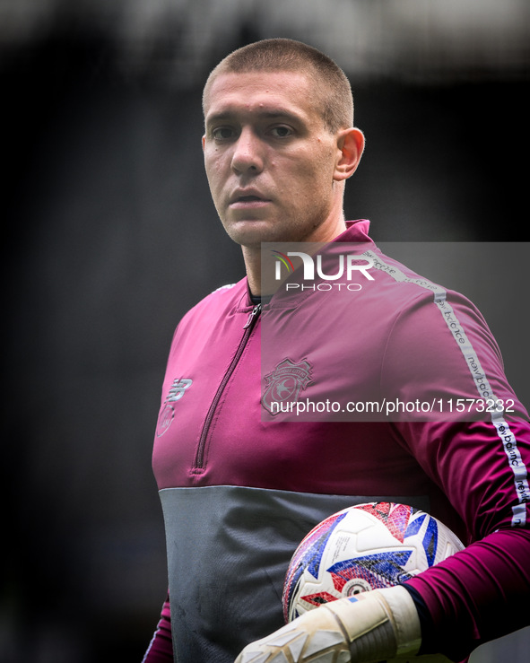 Ethan Horvath, Cardiff City goalkeeper, warms up ahead of kick-off during the Sky Bet Championship match between Derby County and Cardiff Ci...