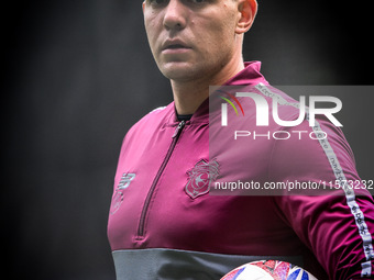 Ethan Horvath, Cardiff City goalkeeper, warms up ahead of kick-off during the Sky Bet Championship match between Derby County and Cardiff Ci...