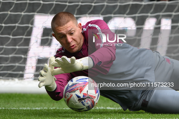 Ethan Horvath, Cardiff City goalkeeper, warms up ahead of kick-off during the Sky Bet Championship match between Derby County and Cardiff Ci...