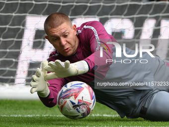 Ethan Horvath, Cardiff City goalkeeper, warms up ahead of kick-off during the Sky Bet Championship match between Derby County and Cardiff Ci...